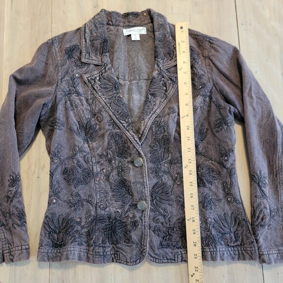 COLDWATER CREEK Jacket Brown Sz 4P Petite Floral Embroidered Beaded Denim Blazer - Picture 9 of 16